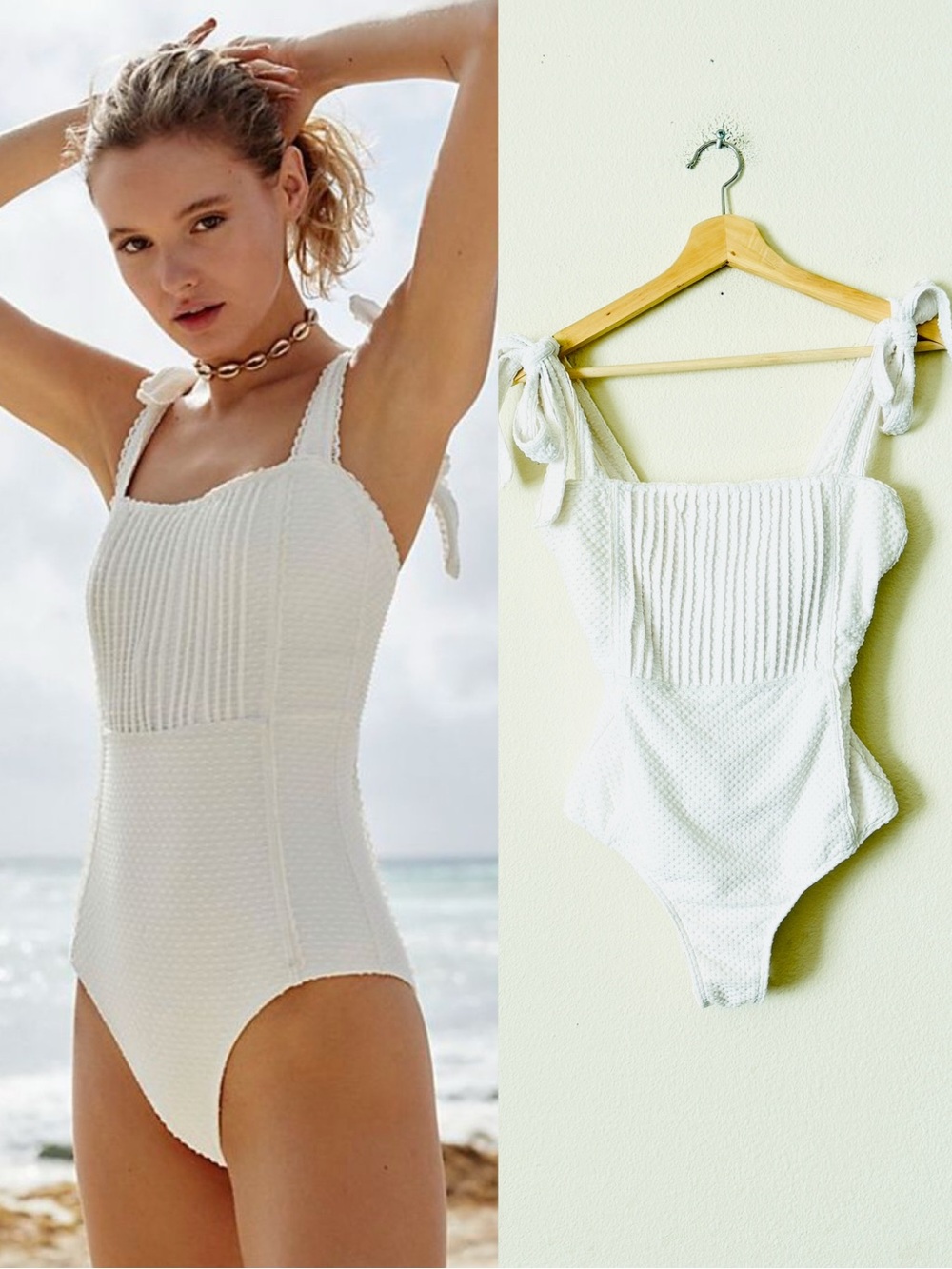 Free People Peony AU 10 Pintucked dotted textured one piece swimsuit in white